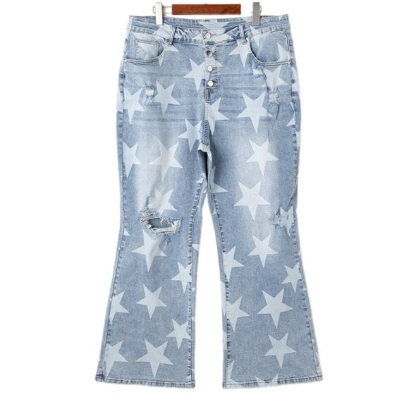 💫 Sky Blue Star Print Distressed Slit Knee Jeans – Plus Size 1X - Picture 4 of 6